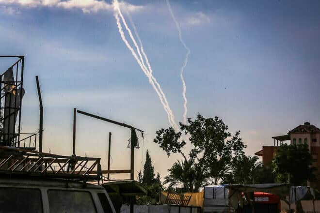 Smoke trails are seen after rocket fire from the Gaza Strip towards Israel, on Sept. 26, 2024. Photo by Abed Rahim Khatib/Flash90.