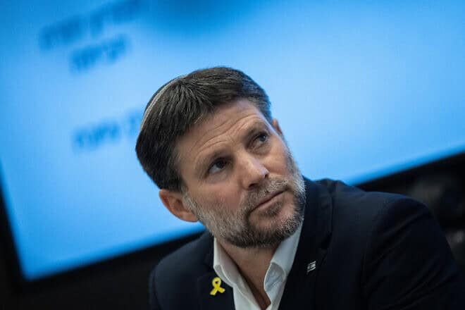 Finance Minister Bezalel Smotrich attends a press conference on the plan for the return of residents of northern Israel to their homes, on Jan. 5, 2025. Photo by Yonatan Sindel/Flash90.