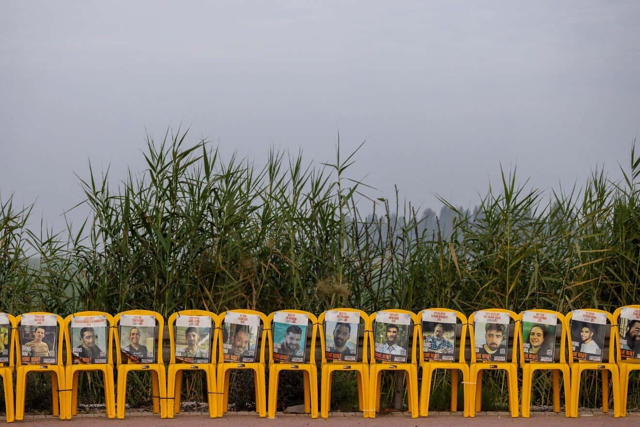 Pictures of Israelis held hostage in the Gaza Strip are displayed on chairs in southern Israel, Jan. 16, 2025. Photo by Chaim Goldberg/Flash90.