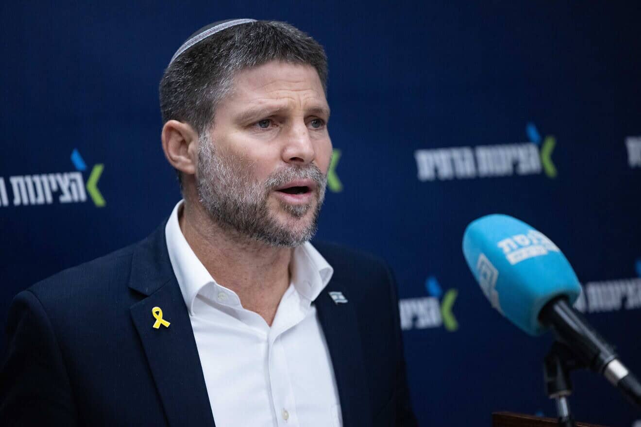 Israeli Finance Minister Bezalel Smotrich leads a Religious Zionism Party faction meeting at the Knesset, Jan. 20, 2025. Photo by Chaim Goldberg/Flash90.