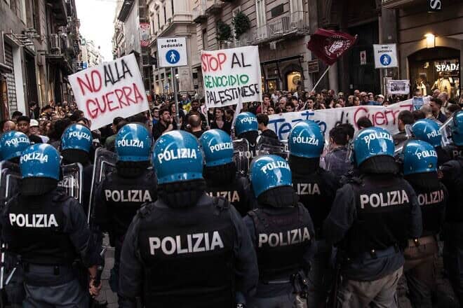 Police are deployed to keep the peace during an anti-NATO and anti-war protest in Naples, Italy, on on April 8, 2024. Photo by Ivan Romano/Getty Images.