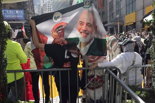 Anti-Israel activists with the Within Our Lifetime group march in New York City, on Oct. 7, 2024. Photo by Andrew Lichtenstein/Corbis via Getty Images.