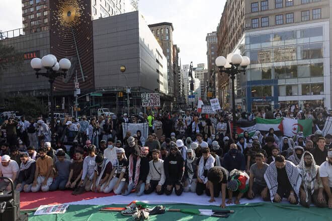Pro-Palestinian supporters with the group Within Our Lifetime march throughout the streets of New York on Oct. 7, 2024. Photo by Andrew Lichtenstein/Corbis via Getty Images.