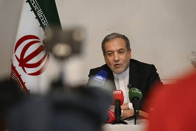 Iranian Foreign Minister Abbas Araghchi speaks to reporters at the Iranian ambassador's residence in Lisbon, Portugal, Nov. 27, 2024. Photo by Horacio Villalobos/Corbis via Getty Images.