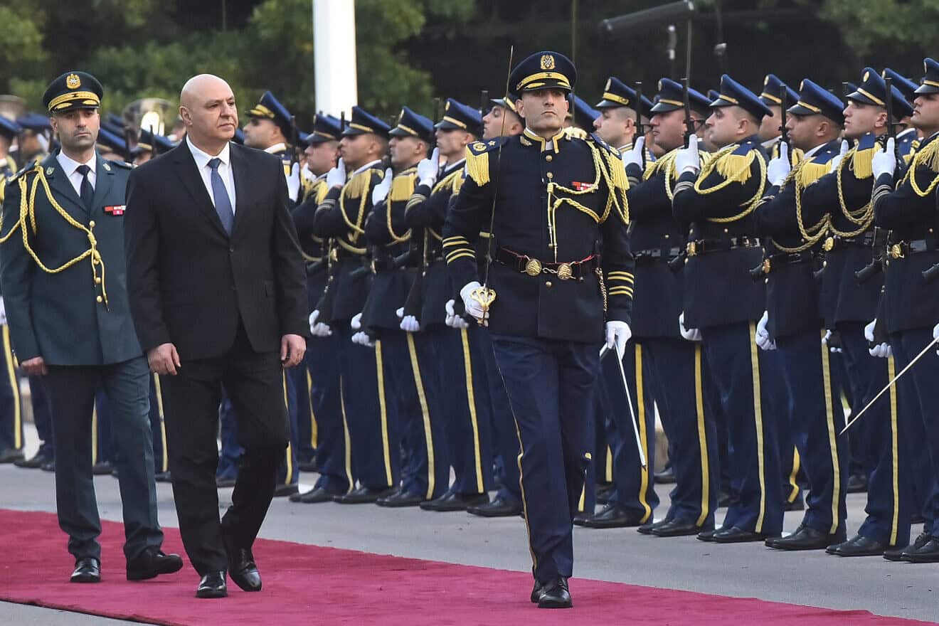 Newly elected Lebanese president Joseph Aoun reviews an honor guard upon his arrival at the presidential palace in Baabda, east of Beirut, on Jan. 9, 2025. Photo by Fadel Itani/AFP via Getty Images)