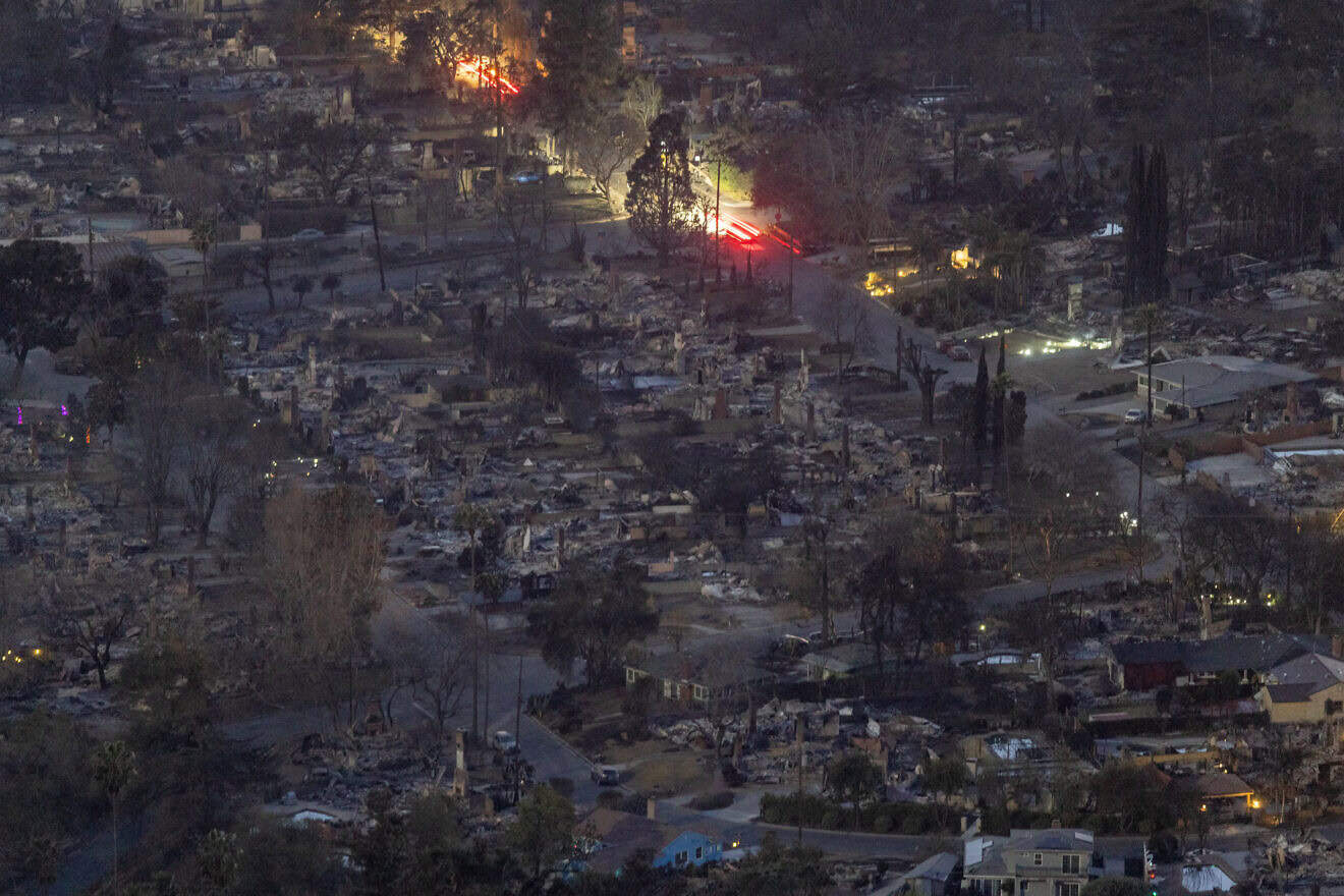 A general view of destroyed houses in a neighborhood that was destroyed by the Eaton Fire which remains without electricity or water in Altadena, Calif., on Jan. 12, 2025. Photo by David McNew/Getty Images.