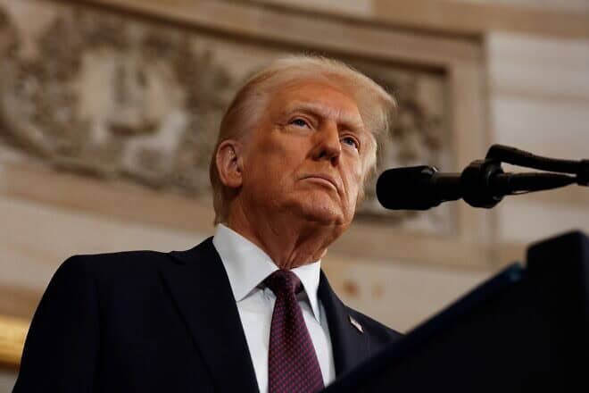 U.S. President Donald Trump delivers his inaugural address after being sworn in as the 47th president of the United States in the Rotunda of the U.S. Capitol on Jan. 20, 2025 in Washington, D.C. Photo by Chip Somodevilla/POOL/AFP via Getty Images.