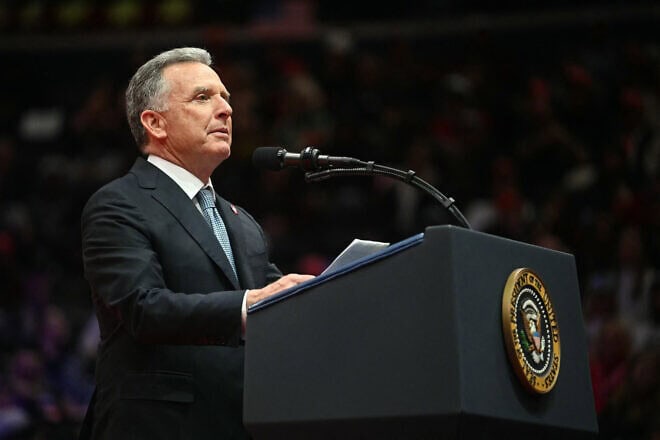 Special envoy to the Middle East Steve Witkoff speaks during the inaugural parade inside Capital One Arena, in Washington, DC, on Jan. 20, 2025. Photo by Jim Watson/AFP via Getty Images.