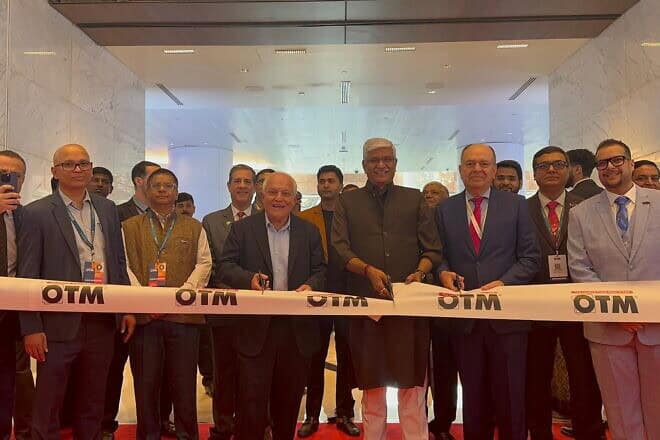 Israeli Tourism Minister Ham Katz (center left) and Indian Tourism Minister Gajendra Singh Shekhawat (center right) cut the ribbon at the OTM 2025 travel fair in Mumbai on Jan. 30, 2025. Credit: Courtesy.
