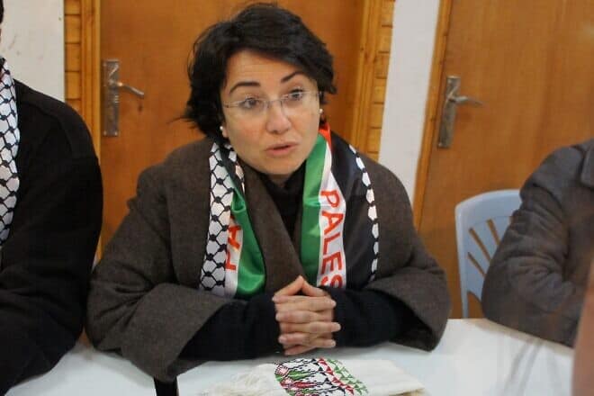 Hanin Zoabi, then-Knesset member for the Balad party, inside a Youth Against Settlements meeting in Hebron, on Feb. 19, 2012. Credit: GW999 via Wikimedia Commons.