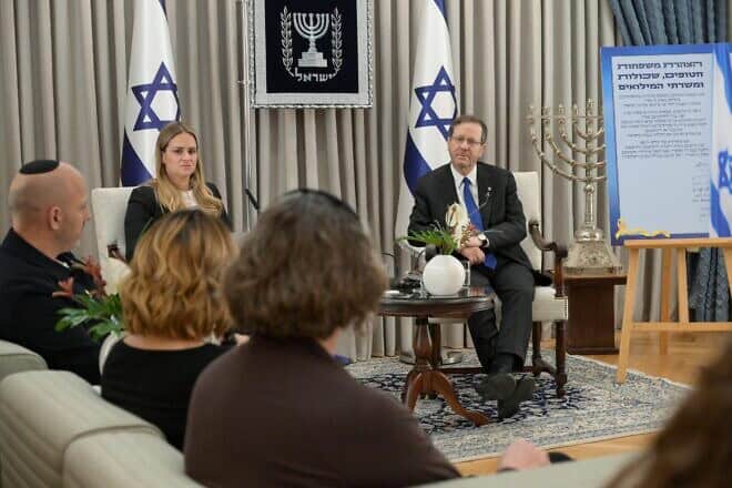 Israeli President Isaac Herzog speaks with bereaved families and families of hostages held by Hamas in Gaza. at his official residence in Jerusalem, on Jan. 16, 2025. Photo by Ma'ayan Toaf/GPO.