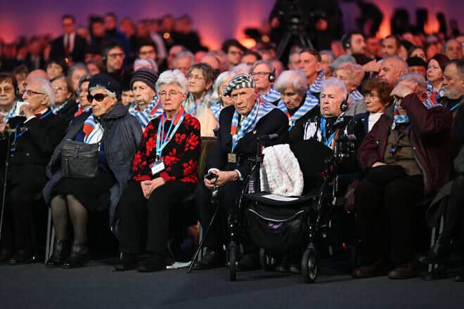 Holocaust survivors attend the commemoration of the liberation of the German concentration and extermination camp Auschwitz-Birkenau by the Red Army, in Oświęcim, Poland, on Jan. 27, 2025. Photo by Sergei Gapon/AFP via Getty Images.