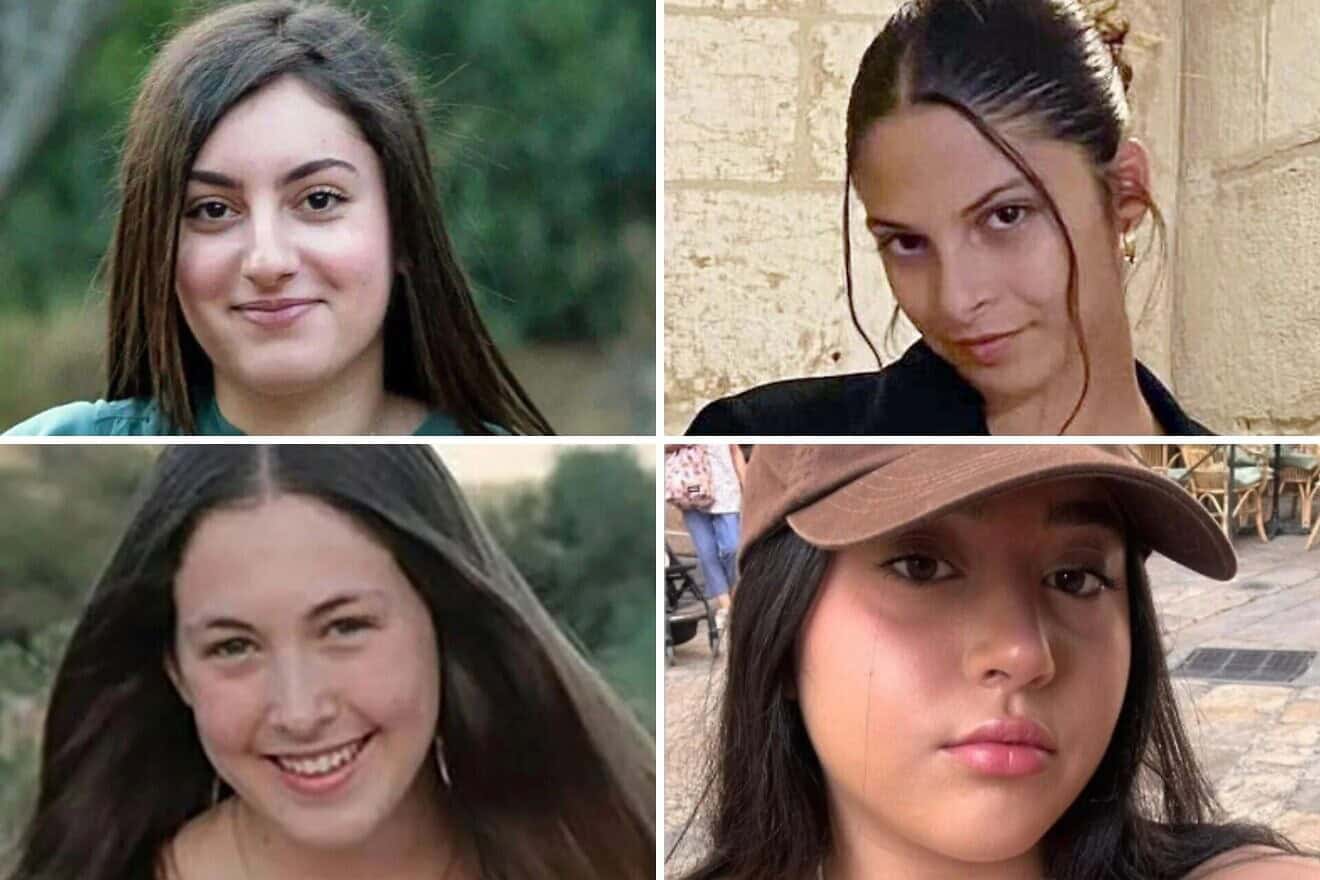 IDF field observers Karina Ariev (top left), Daniella Gilboa (top right), Naama Levy (bottom left) and Liri Albag (bottom right) were redeemed from Hamas captivity in Gaza, Jan. 25, 2024. Credit: Courtesy.