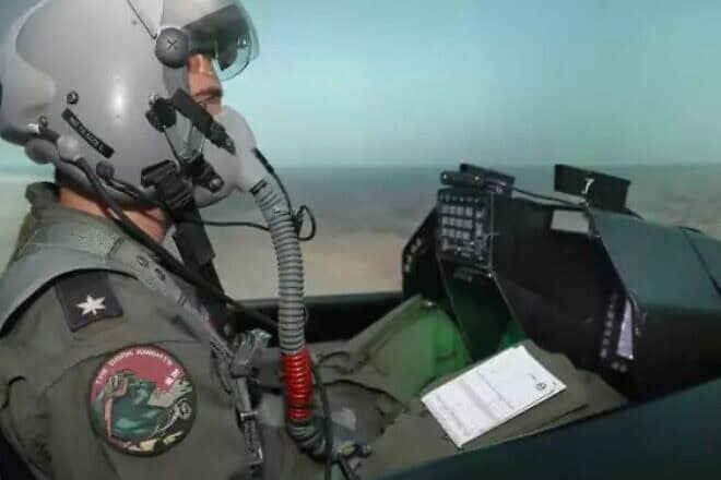 An Israeli Air Force pilot using the simulator to prepare for real-life events. Photo by Gideon Markowitz.