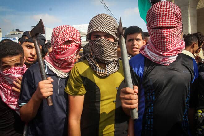 Palestinians take part in anti-Israel protests and preparation for a third intifada in the city of Rafah, in the southern Gaza Strip, on Oct. 13, 2015. Photo by Abed Rahim Khatib/ Flash90.