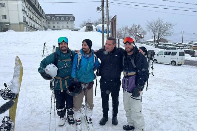 Three Israeli snowboarders meet with Israeli Consul Avinoam Mizrachi (second from right) moments after their rescue from the slopes of Mount Hakuba, Japan. Photo: Embassy of Israel in Japan.