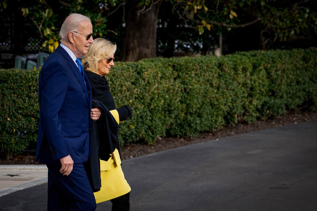 U.S. President Joe Biden and his wife, Jill Biden, walk to board Marine One as they depart from the White House in Washington, D.C., to Manassas, Va., on Jan. 23, 2024. Photo by Arie Leib Abrams/Flash90.