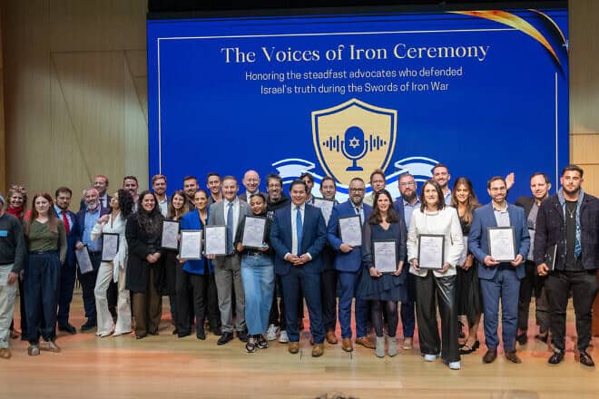 Fifty pro-Israel public figures are presented with the inaugural Voices of Iron award in a ceremony at the Knesset, Jan. 7, 2025. Photo by Meir Elipur.
