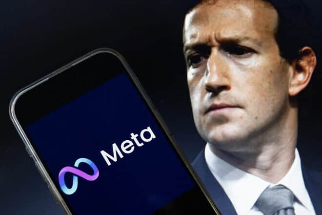 A photo illustration of Mark Zuckerberg, CEO of Meta, and the the company's logo, created on Jan. 7, 2025. Photo by Drew Angerer/AFP via Getty Images.