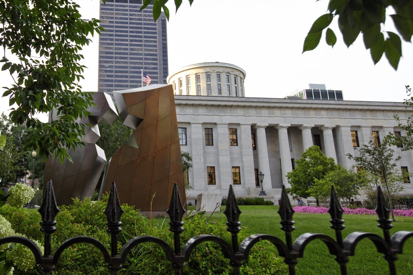 The Ohio Holocaust and Liberators Memorial, a bronze and steel monument installed on the Ohio Statehouse grounds in Columbus. Credit: Courtesy.