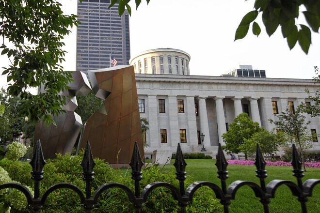 The Ohio Holocaust and Liberators Memorial, a bronze and steel monument installed on the Ohio Statehouse grounds in Columbus. Credit: Courtesy.