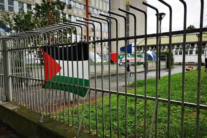 Pro-Palestinian flag and signs at the University of Milan. Credit: Saggittarius A via Wikimedia Commons.