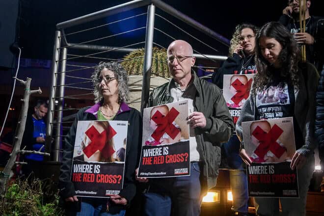 Israelis and families of those being held hostage by Hamas terrorists in the Gaza Strip protest in Tel Aviv outside a meeting of the president of the International Committee of the Red Cross, Mirjana Spoljaric Egger, on Dec. 14, 2023. Photo by Avshalom Sassoni/Flash90.