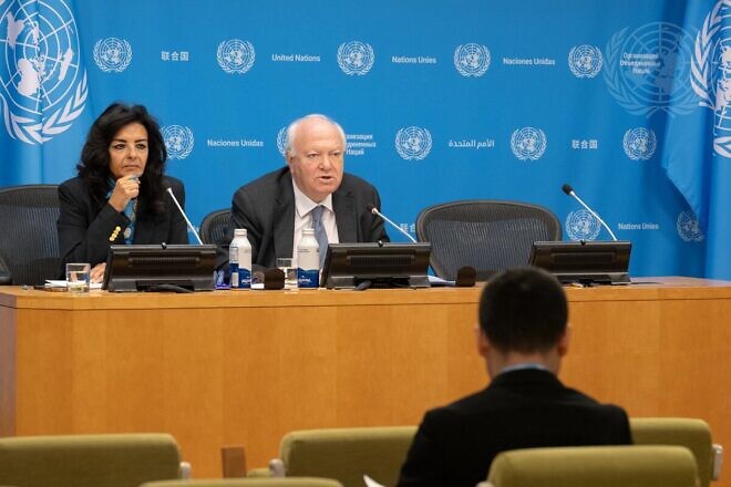Miguel Ángel Moratinos, high representative for the United Nations Alliance of Civilizations, briefs reporters on the launch of UN Action Plan to Enhance Monitoring and Response to Antisemitism, on Jan. 17, 2025. Credit: Manuel Elías/U.N. Photo.