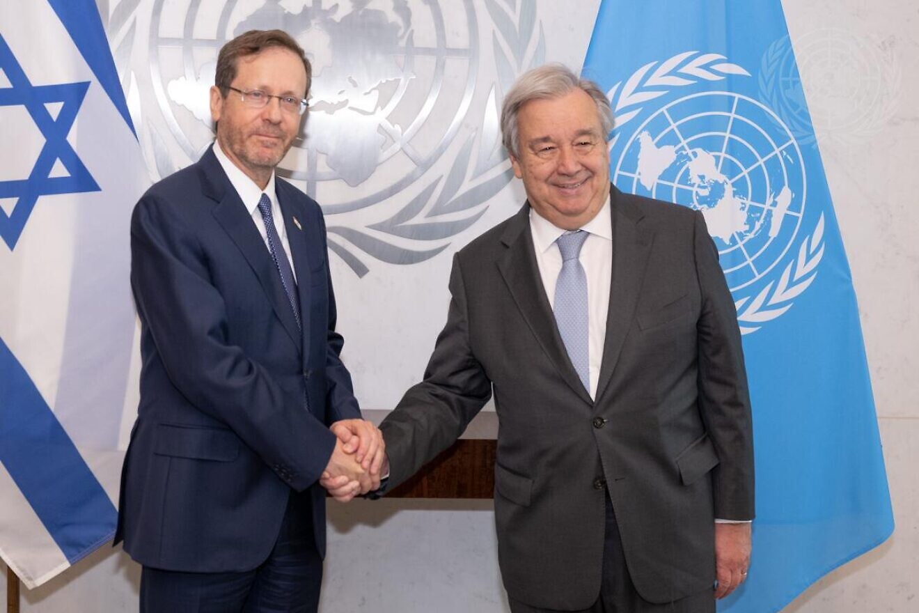 Israeli President Isaac Herzog with António Guterres, secretary-general of the United Nations, in New York City, on July 20, 2023. Credit: Eskinder Debebe/U.N. Photo.