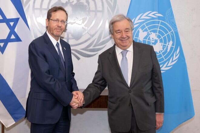 Israeli President Isaac Herzog with António Guterres, secretary-general of the United Nations, in New York City, on July 20, 2023. Credit: Eskinder Debebe/U.N. Photo.