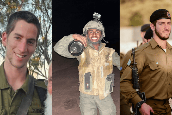 Slain Israel Defense Forces 1st Sgt. Matityahu Ya’akov Perel, 22, from Beit El, 1st Sgt. Kenew Kasa, 22, from Beit Shemesh, and 1st Sgt. Nevo Fisher, 20, from Brukhin. Credit: IDF.