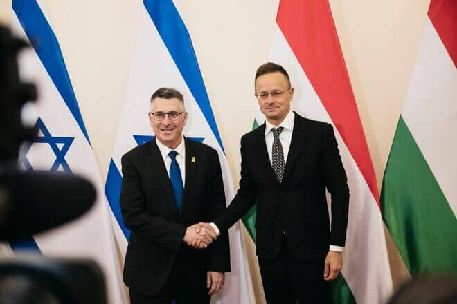 Israeli Foreign Minister Gideon Sa'ar (left) and his Hungarian counterpart, Péter Szijjártó, in Budapest, Jan. 23, 2025. Credit: Hungarian Ministry of Foreign Affairs and Trade.