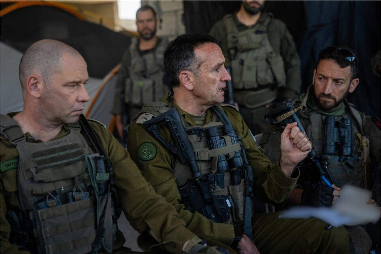 Maj. Gen. Yaron Finkelman, head of the IDF’s Southern Command, pictured to the left of IDF Chief of Staff Lt. Gen. Herzi Halevi, in the Rafah area of Gaza, December 2024. Credit: IDF.