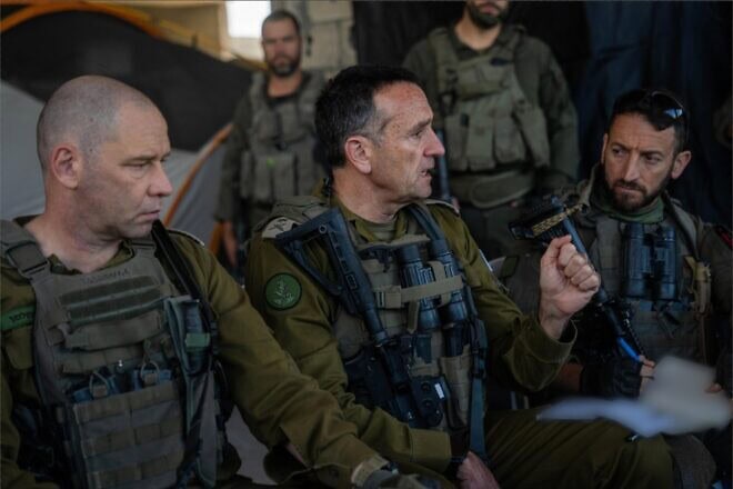 Maj. Gen. Yaron Finkelman, head of the IDF’s Southern Command, pictured to the left of IDF Chief of Staff Lt. Gen. Herzi Halevi, in the Rafah area of Gaza, December 2024. Credit: IDF.