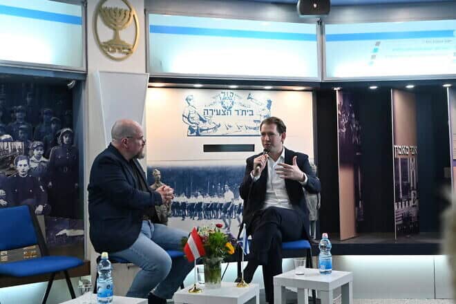 Former Austrian Chancellor Sebastian Kurz (right) speaks with journalist and author Eldad Beck in Tel Aviv, on Jan. 9, 2025. Photo by Canaan Lidor.