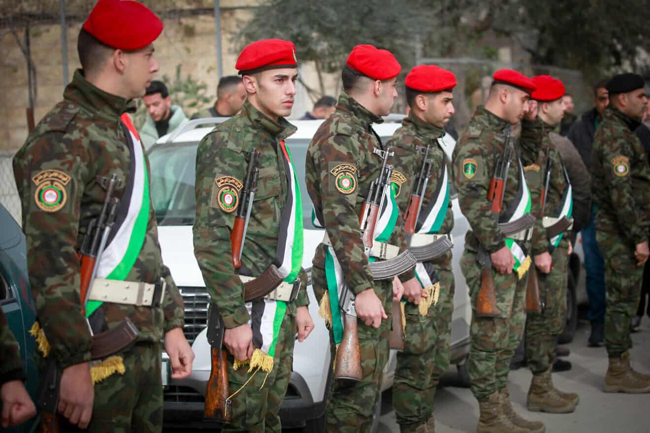 Palestinian Authority security personnel at the funeral of Ibrahim Jumaa, a member of the P.A. Preventive Security Service, in Nablus, on Dec. 27, 2024. Photo by Nasser Ishtayeh/Flash90.