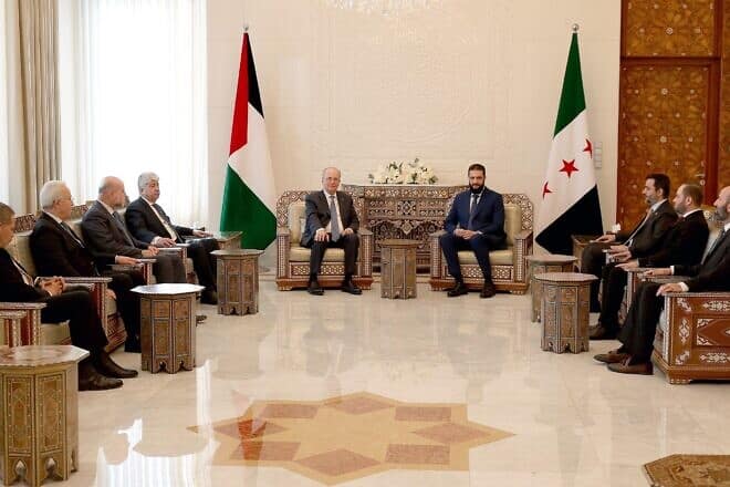P.A. Prime Minister Mohammad Mustafa meets de facto Syrian leader Ahmed al-Sharaa in the capital Damascus, Jan. 28, 2025. Credit: Wafa.