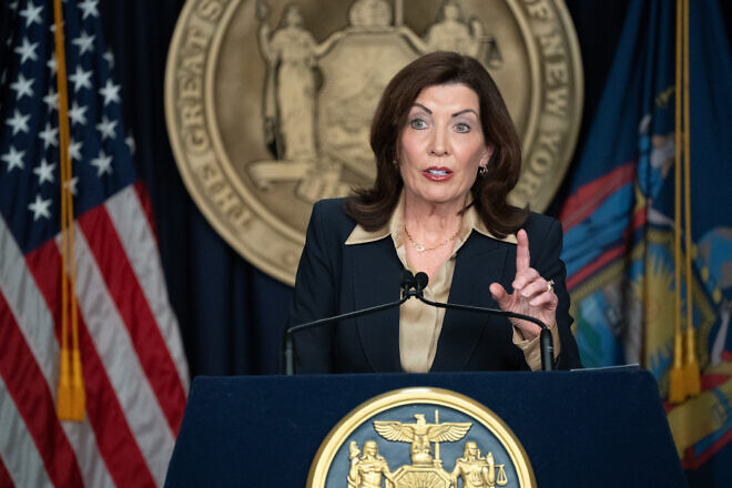 New York Gov. Kathy Hochul (D) announces actions to restore public trust in New York City’s municipal government leadership, Feb. 20, 2025. Credit: Office of New York Gov. Kathy Hochul.