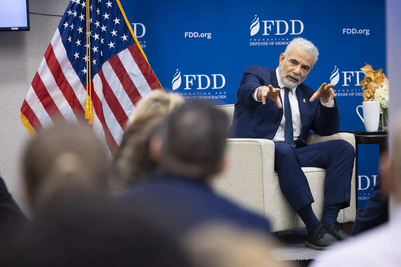Yair Lapid, the Israeli opposition leader and former prime minister and foreign minister of Israel, delivers his proposal for Gaza's future in an event at the Foundation for Defense of Democracies moderated by Mark Dubowitz, the CEO of FDD, Feb. 25, 2025. Credit: Jeff Song/FDD.