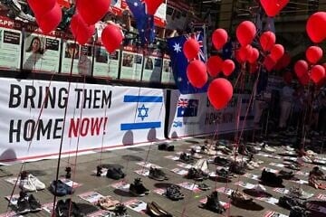 An installation in Sydney calling for the Israeli hostages' release from the Gaza Strip. Credit: Courtesy.