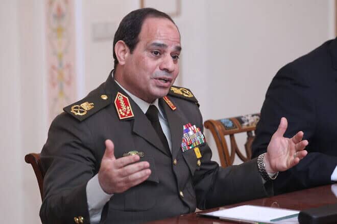 Field Marshal Abdel Fattah el-Sissi, then Egypt's minister of defense and first deputy prime minister, meets with Russian President Vladimir Putin (not pictured) at his Novo-Ogaryovo residence near Moscow on Feb. 13, 2014. Photo by Sasha Mordovets/Getty Images.