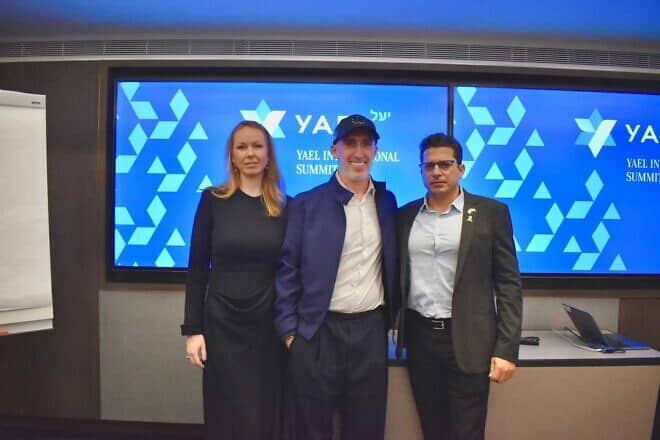 From left, Yael Foundation co-founders Yael and Uri Poliavich, and Israeli Minister of Diaspora Affairs and Combating Antisemitism Amichai Chikli, at the foundation's educational conference in Limassol, Cyprus, February 2025. Credit: Yael Foundation.