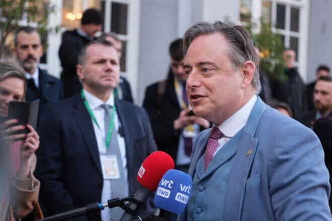Belgian Prime Minister-designate Bart De Wever speaks to reporters before an informal E.U. leaders' retreat at Egmont Palace in Brussels on Feb. 3, 2025. Photo by Thierry Monasse/Getty Images.