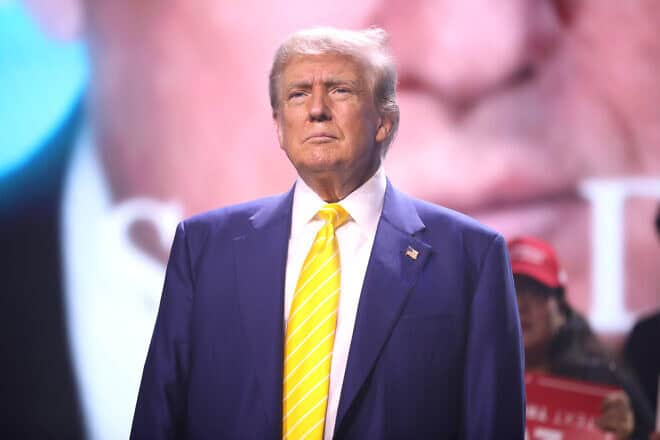 Donald Trump speaks with attendees at a rally at Dream City Church in Phoenix, Arizona on June 6, 2024. Photo by Gage Skidmore/Wikimedia Commons.