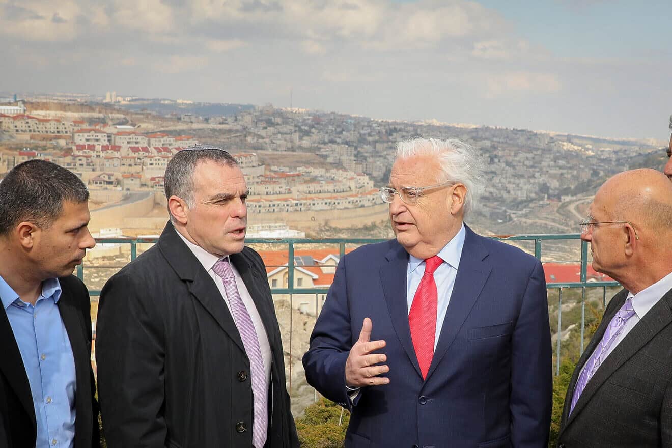 Then-US ambassador to Israel, David Friedman with Head of Efrat regional council Oded Revivi and heads of local councils in Judea and Samaria during a visit in the Jewish community of Efrat, in Gush Etzion, Feb. 20, 2020. Photo by Gershon Elinson/Flash90.