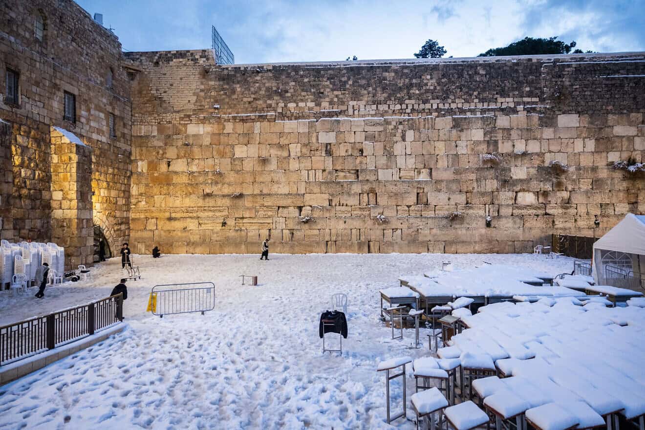 The Western Wall in Jerusalem's Old City covered in snow
when a heavy storm hit on Jan. 27, 2022. Photo by Yonatan Sindel/Flash90.