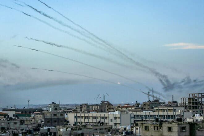 Hamas fires a large number of rockets toward Israel in the city of Rafah in the southern Gaza Strip, Oct. 7, 2023. Photo by Abed Rahim Khatib/Flash90.