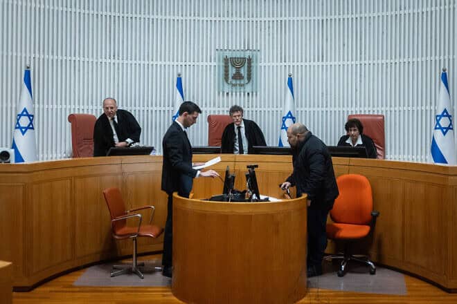 Israeli Supreme Court Justice (now its president) Yitzhak Amit (center) hears a petition on the appointment of the civil service commissioner, Jerusalem, Feb. 6. 2025. Photo by Chaim Goldberg/Flash90.