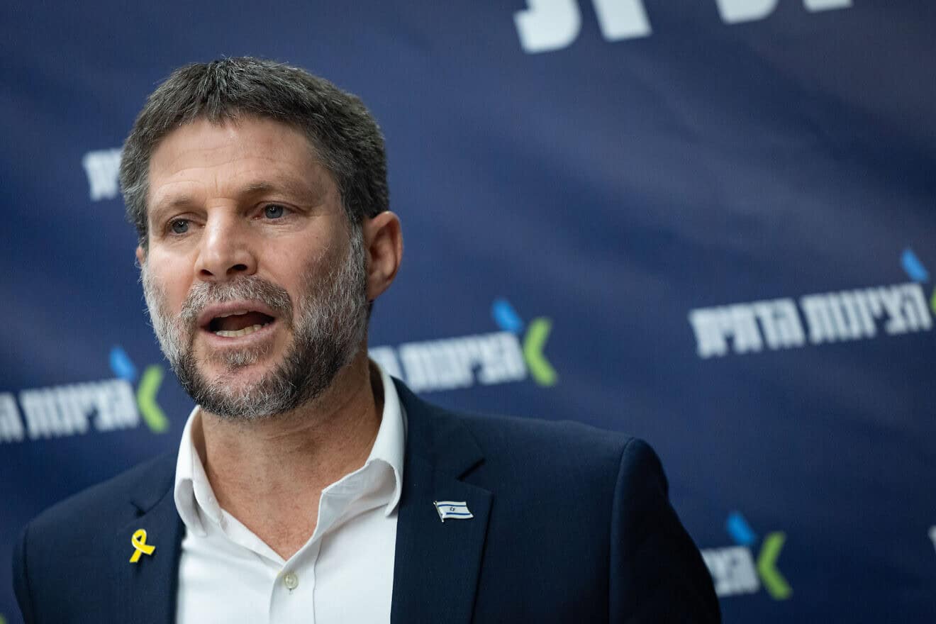 Minister of Finance and Head of the Religious Zionist Party Bezalel Smotrich leads a faction meeting at the Knesset, the Israeli parliament in Jerusalem, Feb. 10, 2025. Photo by Yonatan Sindel/Flash90.
