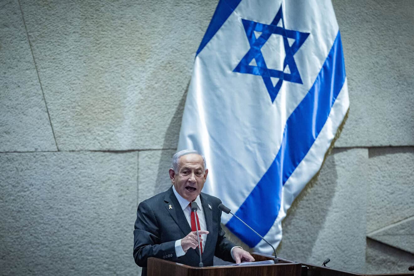 Israeli Prime Minister Benjamin Netanyahu speaks during a plenum session at the assembly hall of the Knesset, the Israeli Parliament in Jerusalem on Feb. 10, 2025. Photo by Yonatan Sindel/Flash90.